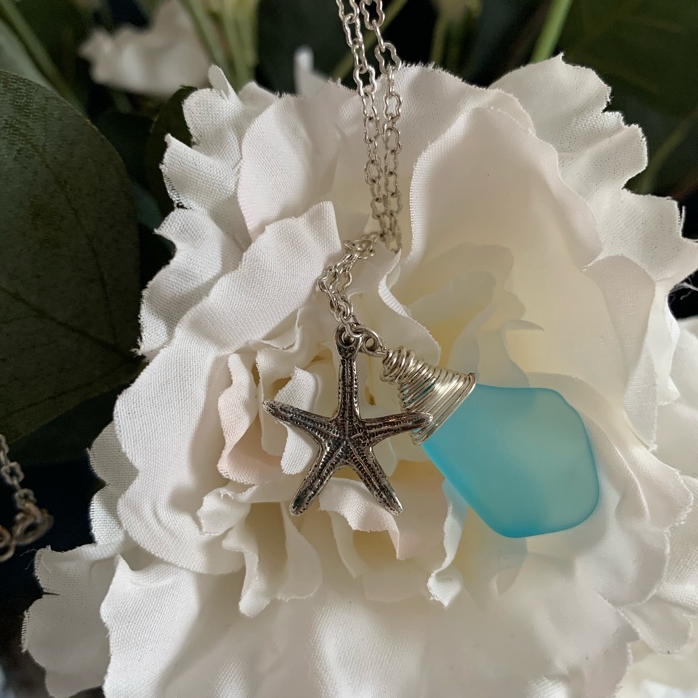 Blue sea glass and starfish 925 silver pendants